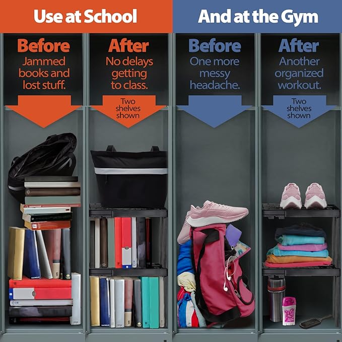 Locker Organizer Shelf， Adjustable Width and Height, Ideal Locker for School, Office, and Gym Lockers (Black 2 Pack), PLKSLF01