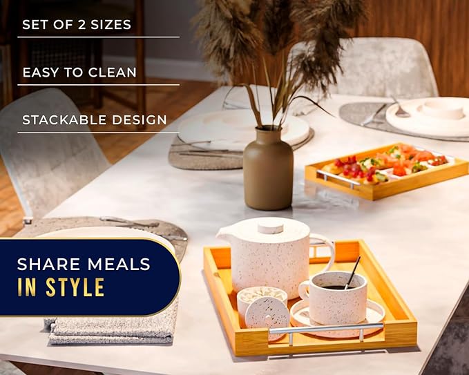 Decorative Bamboo Serving Trays with Silver Stainless Steel Handles – 2-Piece Set for Coffee Table, Ottoman, Breakfast in Bed, Jewelry & Decor Organization – 12"x17" – Pure Bamboo Finish