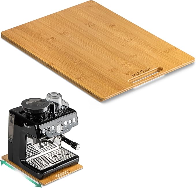 Bamboo Appliance Slider, Sliding Tray for Coffee Maker, Kitchen Countertop Appliance Rolling Tray, Coffee Pot Slider Tray with Rubber Wheels, Deep - Large (16"D x 12"W)