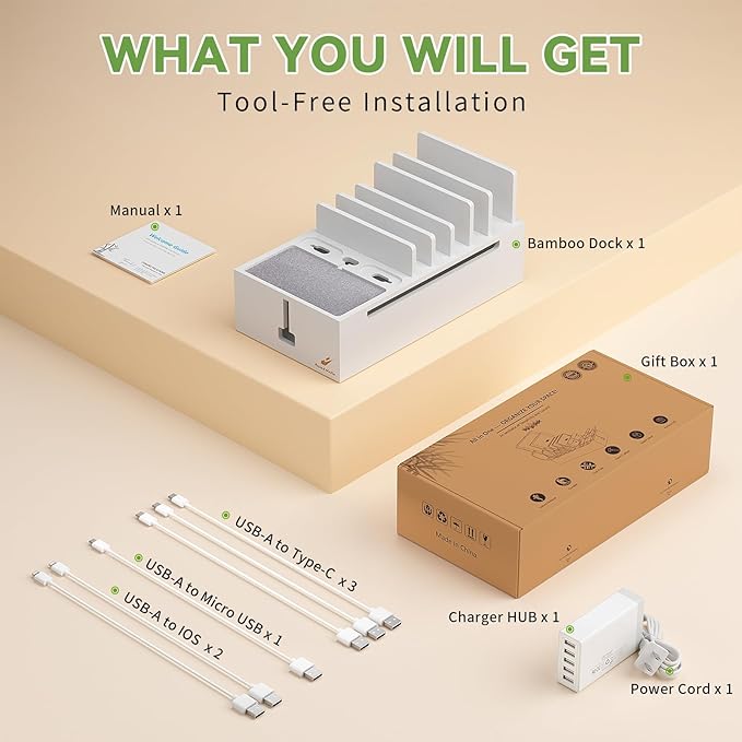 Pezin & Hulin Bamboo Charging Dock Station for Electronic Devices, Docking Organizer for Phone and Tablets, Smart Watch, Earbuds, Power Strip Box (Included 5-Port USB Charger and 5 Cables) -White