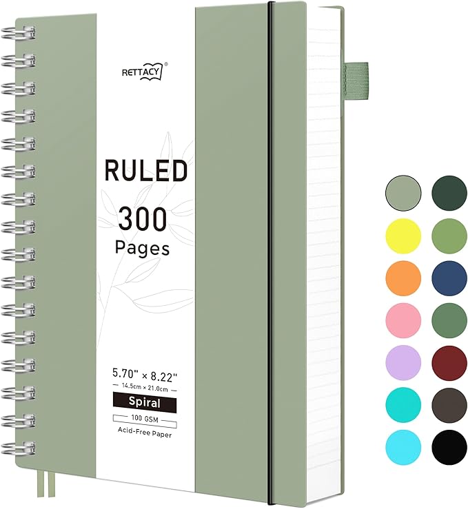 RETTACY Spiral College Ruled Notebook, 300 Pages, A5 Medium Size (5.7" × 8.2"), for School, Work, Writing, Journaling, 100 GSM Thick Paper, Flexible Plastic Cover (Light Green)