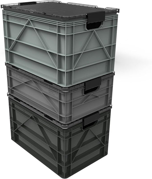SIDIO CRATE Starter Pack - Two Full Size and One Half Size Heavy Duty Stackable Storage Bins with Lids & Dividers - Durable Organizer for Home, Office, Garage, and Outdoor Use - Stealth Variety Pack