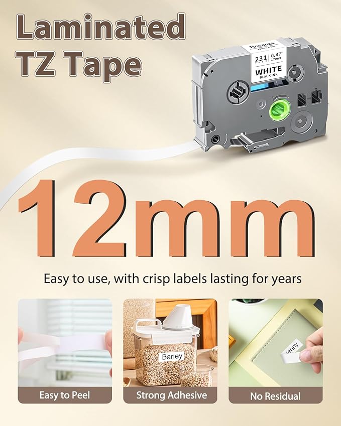 Replace for Brother Label Maker Tape TZe-231 TZe231 12mm 0.47 Laminated White Tz Tape Compatible with P Touch TZe 1/2" Black on White for PT-D220 D210 H110 D200 D400 1280 1880 D610BT Refills, 6-Pack