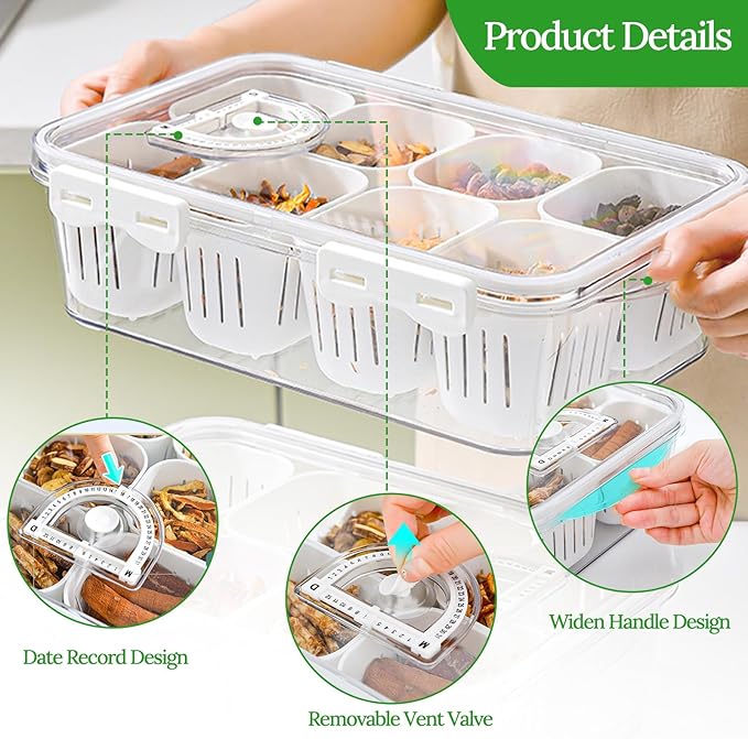 shopwithgreen Divided Serving Tray with Lid, Portable Snack Box Charcuterie Veggie Tray with Lid, Food Storage Organizer with 8 Colandersfor Fruit, Vegetable, Refrigerator, Kitchen, Party, Picnic