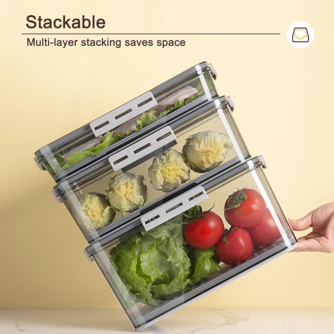 CottonColors Fridge Organizer, Food Storage Containers With Lids for Timer & Drain Board Stackable Refrigerator Organizers and Storage(Tall & Large, Small, 4.5 L + 2 L, 2 Pack)