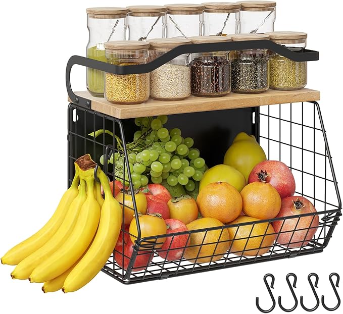 Magnetic Shelf for Fridge with Wood Lid, Heavy Duty Fruit Basket, Fruit Potato and Onion Storage Bins, Magnetic Spice Rack for Refrigerator, Black Hanging Wire Basket for Kitchen Counter