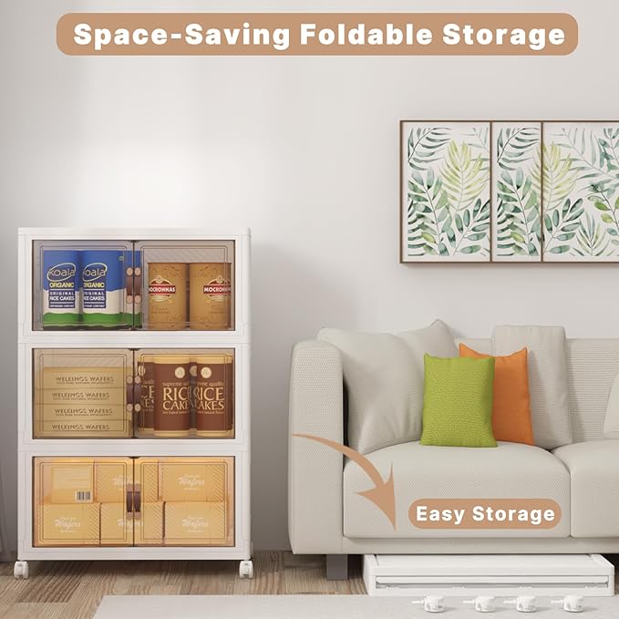 Extra Large Stackable Storage Bins with Lids & Wheels, Foldable Collapsible Closet Organizers Storage Cabinet with Doors for Bedroom Dorm (White, 360QT-120QT/30GAL*3Pack)