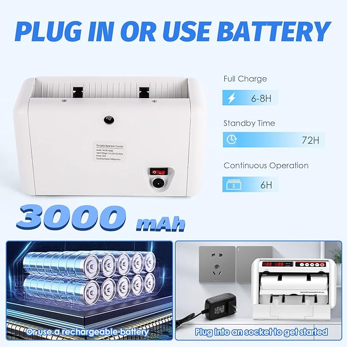 Battery Operated Bill Counter Machine, Portable Rechargeable Money Counter with UV MG Detection, 800pcs/min Counting Speed, Take Anywhere with A Backpack for Multi-Currency Or Tickets