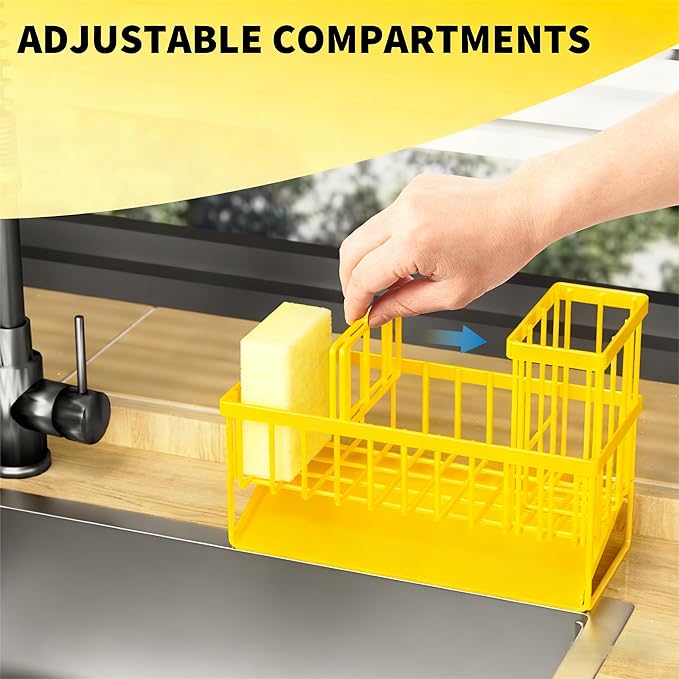 Cisily Yellow Sink Caddy Organzier with High Brush Holder, Sponge Holder for Sink, 304 Rustproof Stainless, Kitchen Countertop Soap Dispenser Organizer,Yellow Kitchen Decor and Accessories