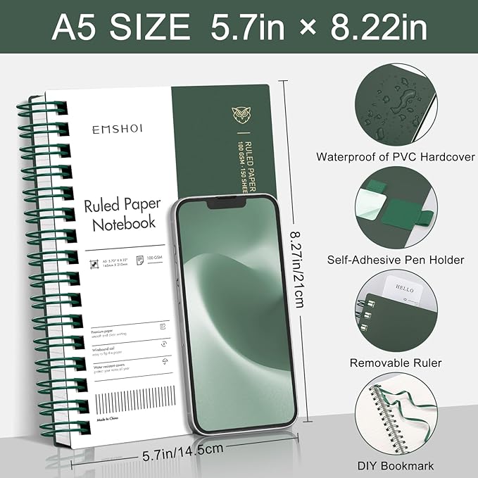 EMSHOI Lined Spiral Journal Notebook, A5 College Ruled Notebook, 300 Pages/150 Sheets, 100gsm Acid-Free Paper, Waterproof Softcover Notebook for School, Work, Note Taking, 5.7" × 8.22" - Dark Green