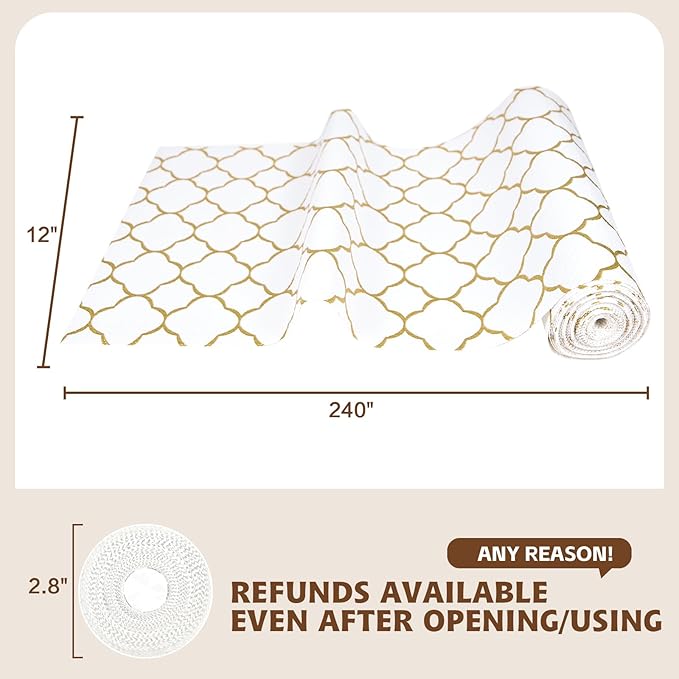 Shelf Liners for Kitchen Cabinets 12in x 30FT Non Adhesive Drawer Liner Gold Quatrefoil Thickened Shelf Liner Paper Strong Non-Slip Easy to Clean for Tool Box Refrigerator with Knife and Tape Measure