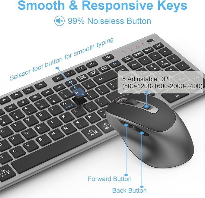 FENIFOX Wireless Keyboard and Mouse, Ergonomic Rechargeable Silent Quiet Slim USB C Flat Compact Full Size with Number Pad Soft Cover Keyboards for Mac Computer PC Surface Laptop MacBook iMac Black