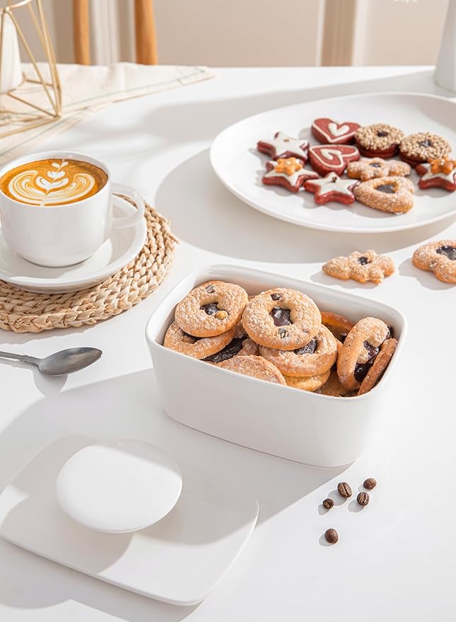 Sweese Extra Large Butter Dish with Lid, 6.2" Porcelain Butter Keeper Container - Perfect for East/West Coast Butter and Kerrygold Butter, Butter Crock with Lid, Gift - White