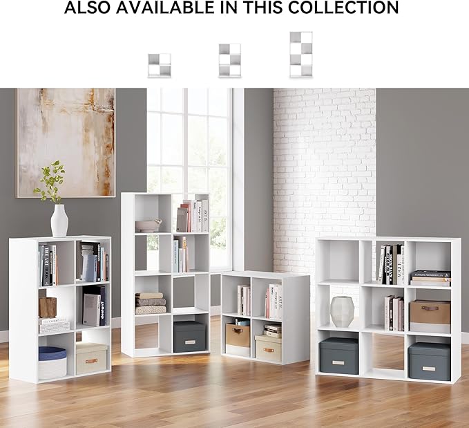 Signature Design by Ashley Onita Modern 3-Tier Floor Standing 9 Cube Organizer for Living Room, Wood, Works with 10.5" W x 10.5" D x 11" H Storage Bin (Sold Separately), White