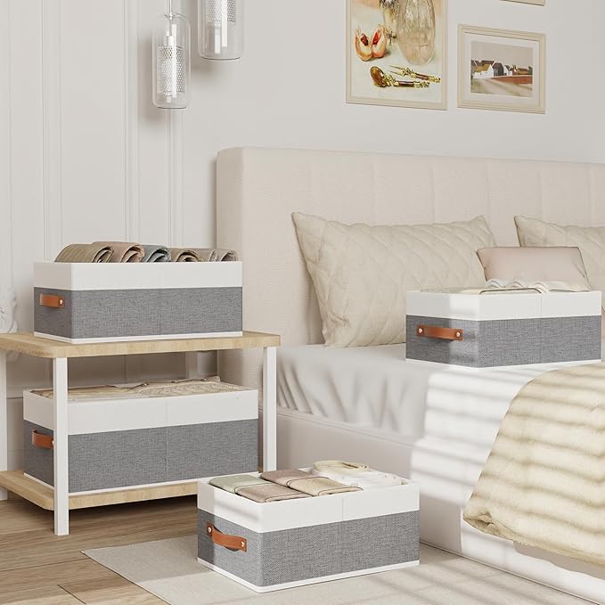 Storage Boxes, Storage Baskets with Handles, Cube Organizer Bins for Wardrobe Bedroom Laundry, 13 × 9.1 × 5.5 Inch, White and Grey, 4-Pack