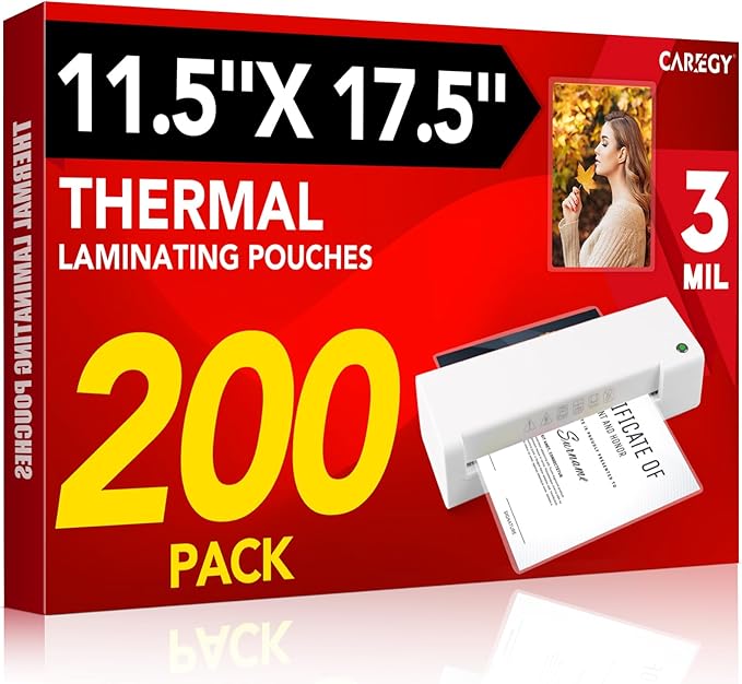 CAREGY 200 Pack Laminating Sheets, Hold 11 x 17 Inch Sheet, 3 Mil Clear Thermal Laminating Pouches 11.5 x 17.5 Inch Lamination Sheet Paper for Laminator, Round Corner
