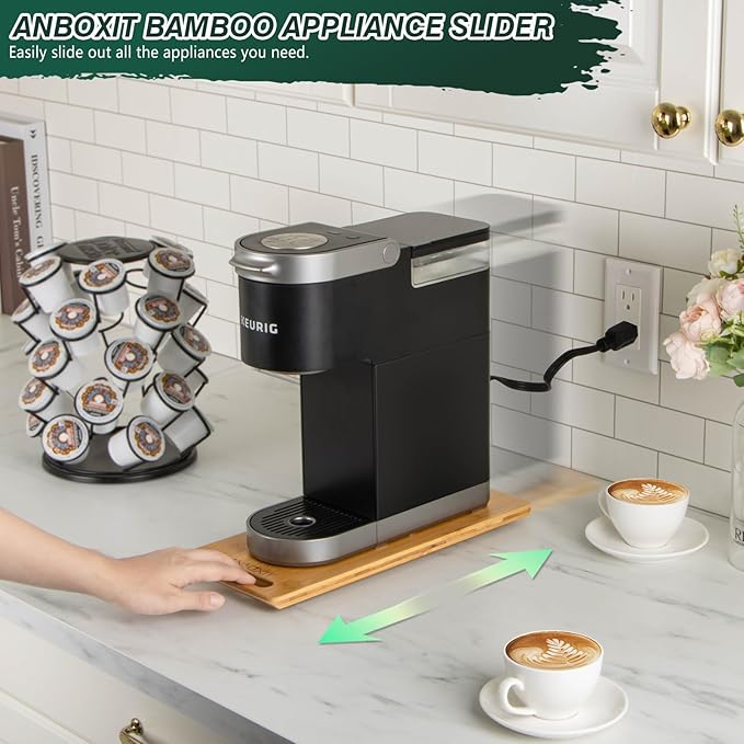 Bamboo Appliance Slider, Sliding Tray for Coffee Maker, Kitchen Countertop Appliance Rolling Tray, Coffee Pot Slider Tray with Rubber Wheels, Deep - Small (14"D x 6"W)