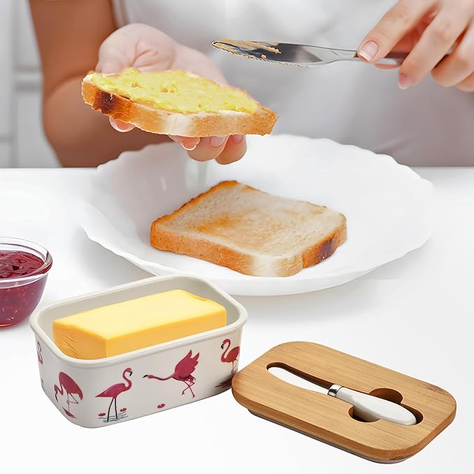 Cute Flamingos Large Butter Dish with Lid for Countertop,Ceramic Covered Butter Holder with Knife for Fridge, Airtight Butter Keeper Container Storage for East West Coast Butter,White