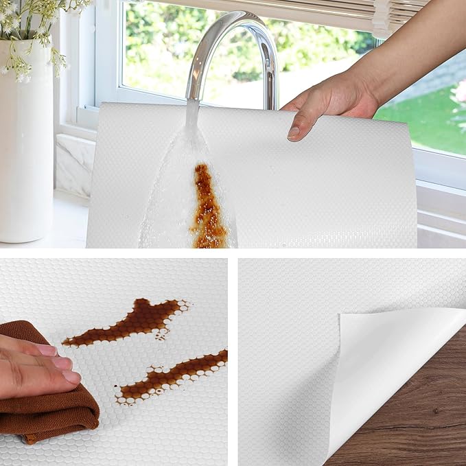 Shelf Liners for Kitchen Cabinets Non Adhesive Drawer Liner for Bathroom Waterproof Refrigerator Liners for Shelves Fridge Plastic Mats Cabinet Cupboard Liner White 11.8 x 118 Inches