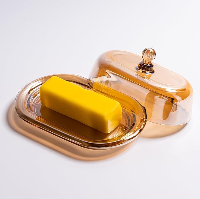 7.5" Glass Butter Dish with Lid for Countertop, Elegant Champagne-Colored Crystal Butter Stick Holder Container