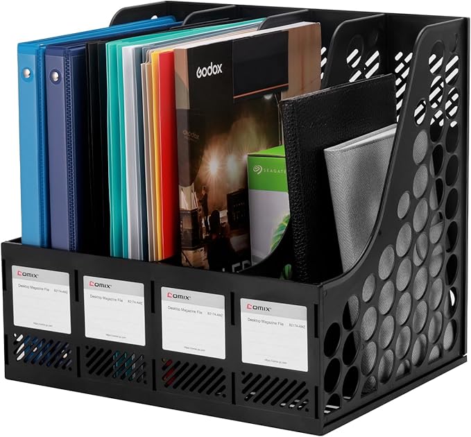 Comix Magazine File Holder Rack/Vertical Desktop File Organizer - Plastic Desk Organizer for Files, Folders, Books - 4 Compartment Binder Organizer - Black