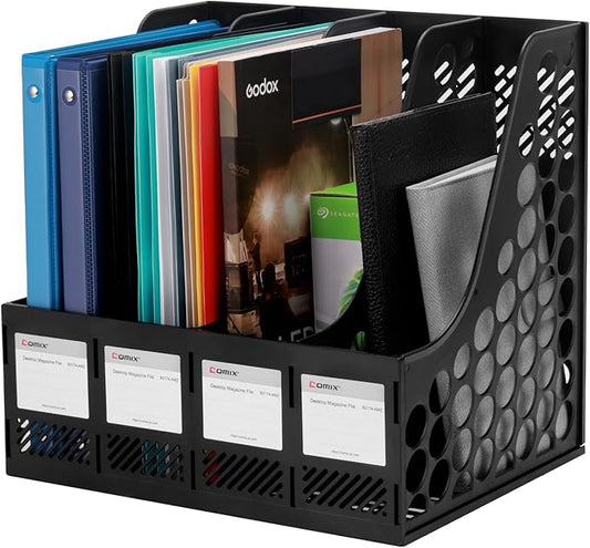 Comix Magazine File Holder Rack/Vertical Desktop File Organizer - Plastic Desk Organizer for Files, Folders, Books - 4 Compartment Binder Organizer - Black