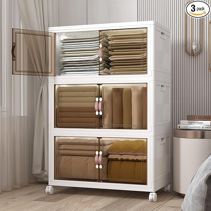 Extra Large Stackable Storage Bins with Lids & Wheels, Foldable Collapsible Closet Organizers Storage Cabinet with Doors for Bedroom Dorm (White, 504QT-168QT/42GAL*3Pack)