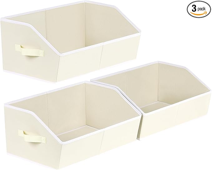 Trapezoid Closet Shelf Organizer - Large Baskets for Organizing, Fabric Storage Box for Shelves, Cube Storage Bins for Clothes, Books, Blankets, 3 Pack, Beige