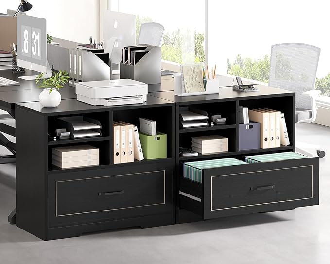 LVB Lateral Filing Cabinet with Drawer, Black Wood File Cabinet Printer Stand with Storage Shelves for Home Office, Modern Printer Cabinets Fits A4 Letter Legal Size with Hanging Folder, 32.7 Inch