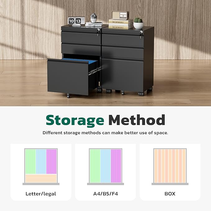 Greenvelly 3 Drawer Mobile File Cabinet with Lock, Fully Assembled Rolling File Cabinet Except Casters, Under Desk File Cabinet with Wheels for Home Office Fit Legal/Letter/A4 File (Assembled, Black)