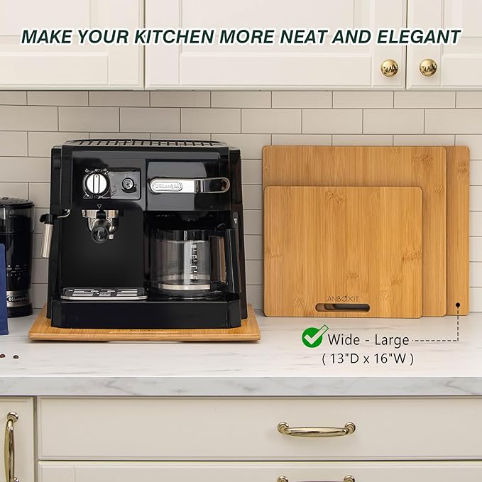 Bamboo Appliance Slider, Sliding Tray for Coffee Maker, Kitchen Countertop Appliance Rolling Tray, Coffee Pot Slider Tray with Rubber Wheels, Wide - Large (13"D x 16"W)