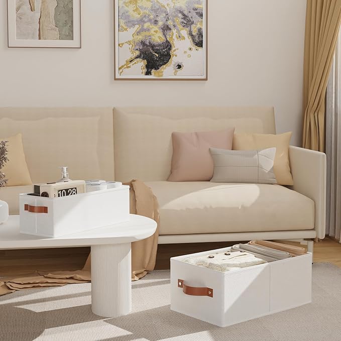 OUTBROS Storage Boxes, Fabric Bins With Handles, Foldable Baskets for Organizing, For bedrooms, living rooms, Shelves, White, 15 x 6.1 x 5.1 inch, 6-Pack