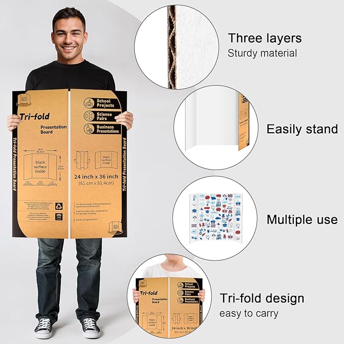 6 Pack Trifold Poster Board, IKAYAS 24" X 36" Single sided White Tri-fold Poster Boards, Science Fair Display Boards Posterboard Foamboard for Mounting, Art, Display, Projects Classroom Supplies