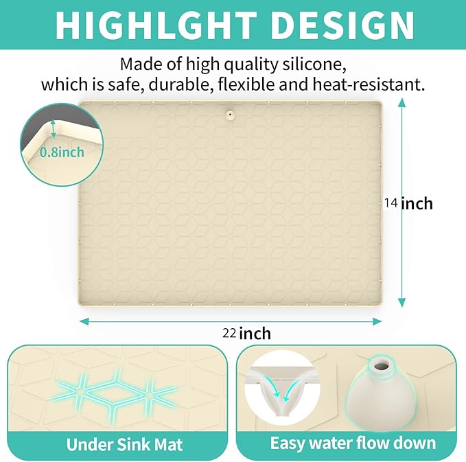 Under Sink Mat, 14"x22" Under Sink Mats for Kitchen, Silicone Waterproof Under Sink Liner, Sink Cabinet Organizer Tray with Drain Hole