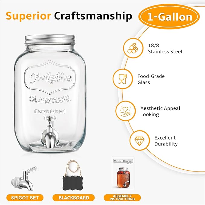 1 Gallon Glass Beverage Dispenser, 18/8 Stainless Steel Spigot and Lid, Glass Drink Dispensers for Parties, Mason Jar Drink Dispensers with Lids