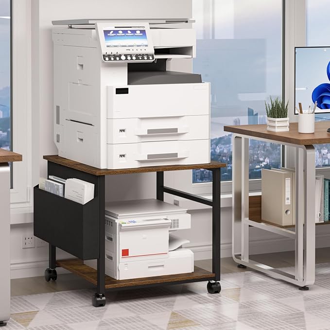 Lerliuo Large Printer Stand with Storage Shelf, 23.6 x 23.6 x 22.8 Industrial Printer Table for Home Office, Rolling Printer Cart Holder with Lockable Wheels, Mobile Mini Fridge Stand Table (Brown)