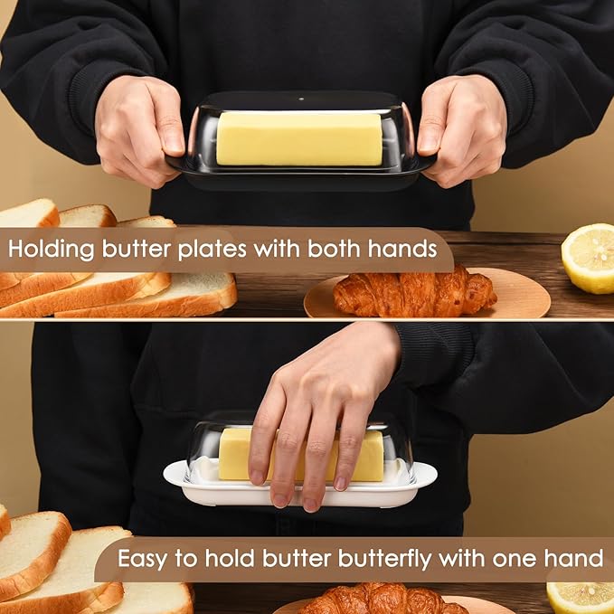Butter Dish with Clear Lid, Butter Keeper for Countertop, Airtight Butter Dish, Plastic Butter Keeper Tray for West/ East Coast Butter, Dishwasher Safe(Black)