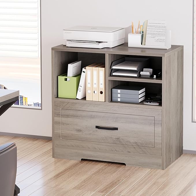 LVB Lateral Wood File Cabinet with Drawer, Farmhouse Printer Filing Cabinet with Storage for Legal Letter A4, Wooden Printer Stand with Hanging File Organizer Shelves for Home Office, 32.7 in, Greige