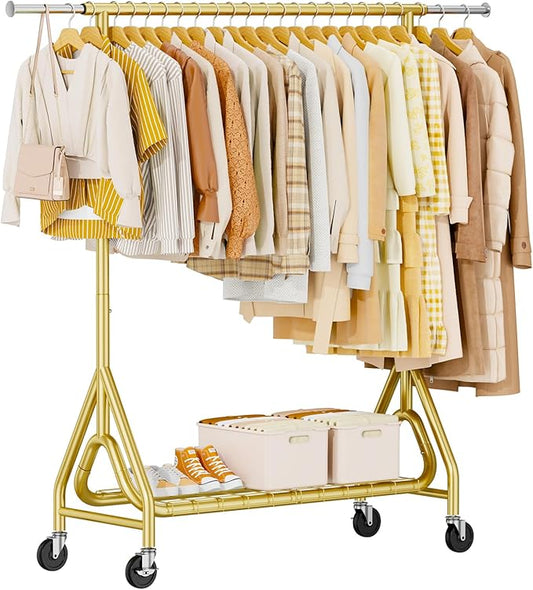 Heavy Duty Clothes Rack, Metal Clothing Rack Load 450 LBS, Rolling Coat Racks for Hanging Clothes with Lockable Wheels, Wardrobe Closet Garment Racks for Bedroom, Gold