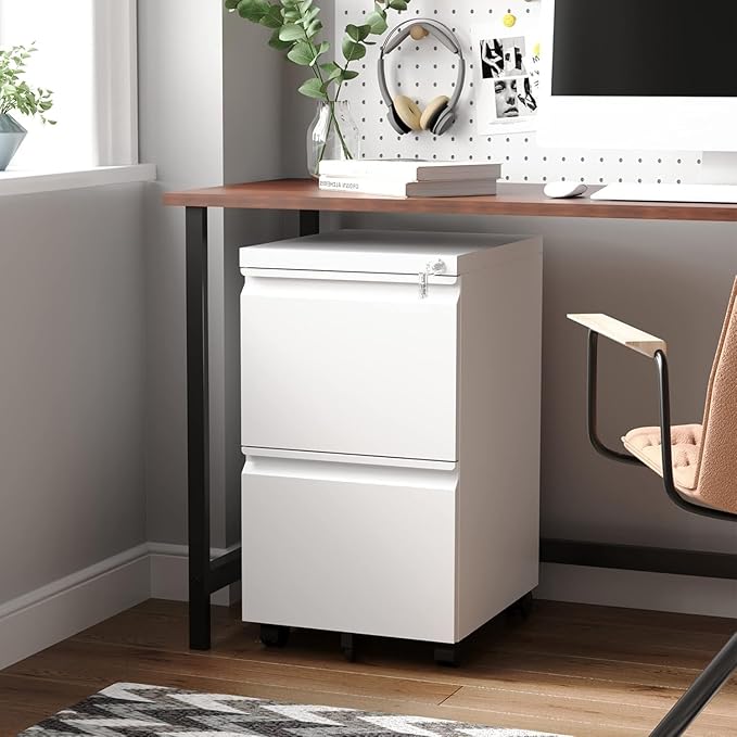 Letaya 2 Drawer Mobile File Cabinet with Lock,Under Desk Metal Filing Cabinets for Home Office Organizer Letters/Legal/A4(Fully Assembled-White)