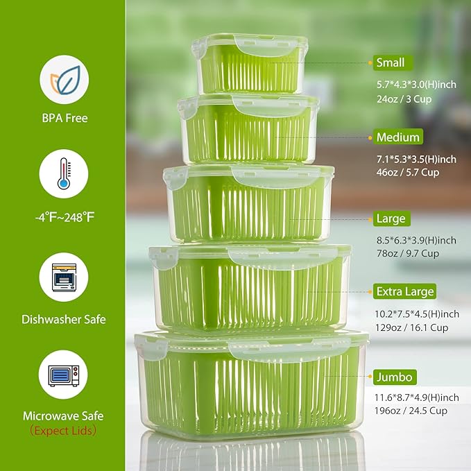LUXEAR Fruit Vegetable Produce Storage Saver Containers with Lid & Colander 5 Packs BPA-Free Plastic Fresh Keeper Set | Refrigerator Fridge Organizer | for Salad Berry Lettuce Food Celery - Green