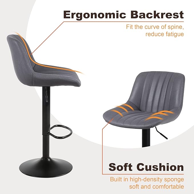 Bar Stools Set of 2, Swivel Counter Height Barstools with Back, Adjustable PU Leather Bar Chairs, Modern Armless Kitchen Island Stool, Dark Grey