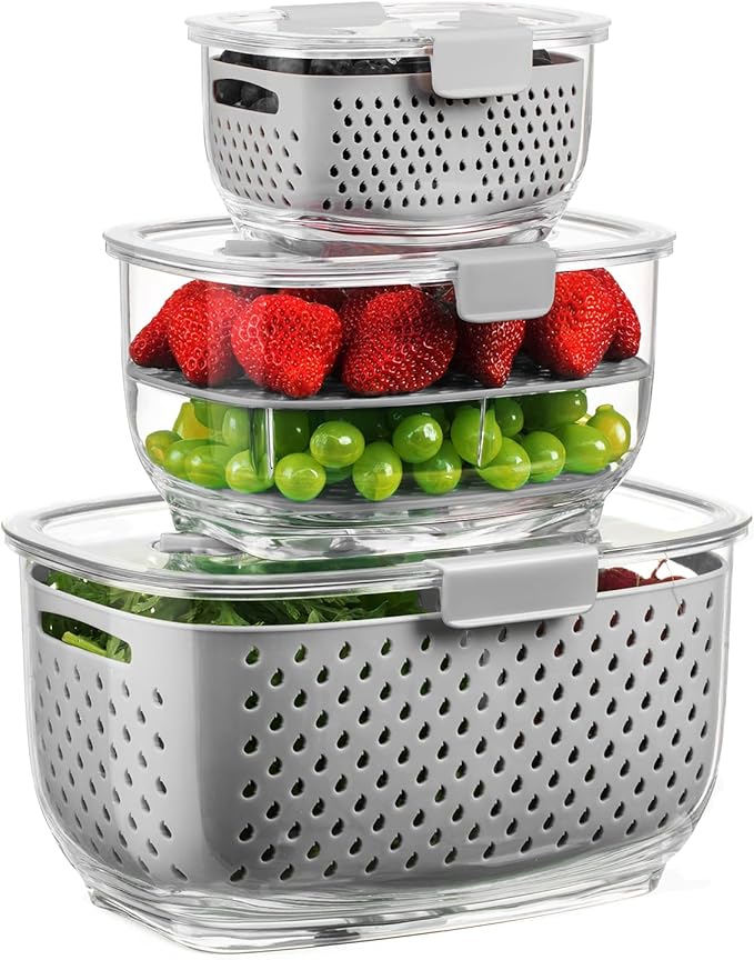 LUXEAR Fresh Produce Vegetable Fruit Storage Containers 3Piece Set, BPA-free Fridge Storage Container, Partitioned Salad Container, Fridge Organizers, Used in Storing Fruits Vegetables, Gray