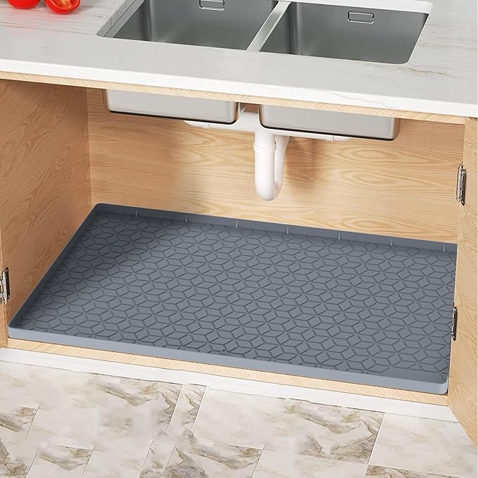 Under Sink Mat, 14"x22" Under Sink Mats for Kitchen, Silicone Waterproof Under Sink Liner, Sink Cabinet Organizer Tray with Drain Hole