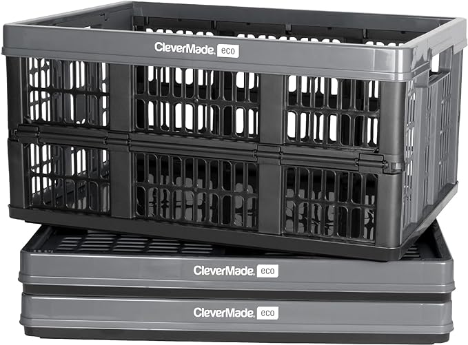 CleverMade Collapsible Utility Crates - Stone 3 Pack 45L / 11 Gal holds 66 lbs - Stackable Containers Heavy Duty Capacity Crates-Space-Saving Baskets