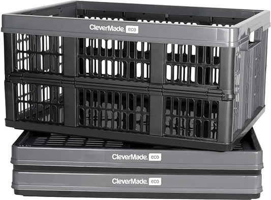 CleverMade Collapsible Utility Crates - Stone 3 Pack 45L / 11 Gal holds 66 lbs - Stackable Containers Heavy Duty Capacity Crates-Space-Saving Baskets