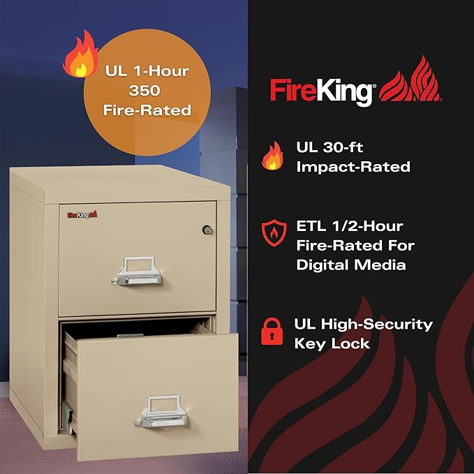 FireKing Vertical 2 Drawer Letter Fire Safe File Cabinet with Key Lock, 1 Hour Fire Rated, UL Rated & Water Resistant Home Safe, Made in The USA, Parchment