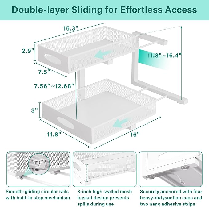 Under Sink Organizer, Extra-Wide Upgrade, 2 Pack 2 Tier Metal Slide Out Cabinet Organizer, Height Adjustable Organization and Storage Series, Bathroom/Cabinet/Kitchen organization, White