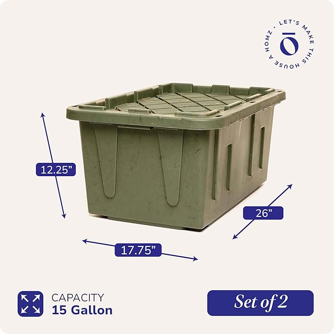 HOMZ 2-Pack Durabilt Tote, Heavy Duty Plastic Storage Bins with Lids, 15 Gallon, Green Camo - Stackable Organizing Containers for Home, Garage, and Office