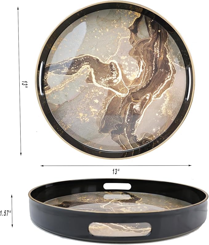 Round Black Marbling Decorative Tray with Handles, 13" Morden Plastic Serving Tray for Coffee Table Bathroom, Ottoman, Home Decor